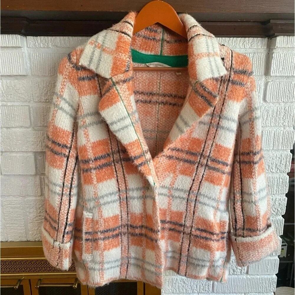 Soft Surroundings Briony Soft Plaid Orange White Collared‎ Sweater Jacket Size S